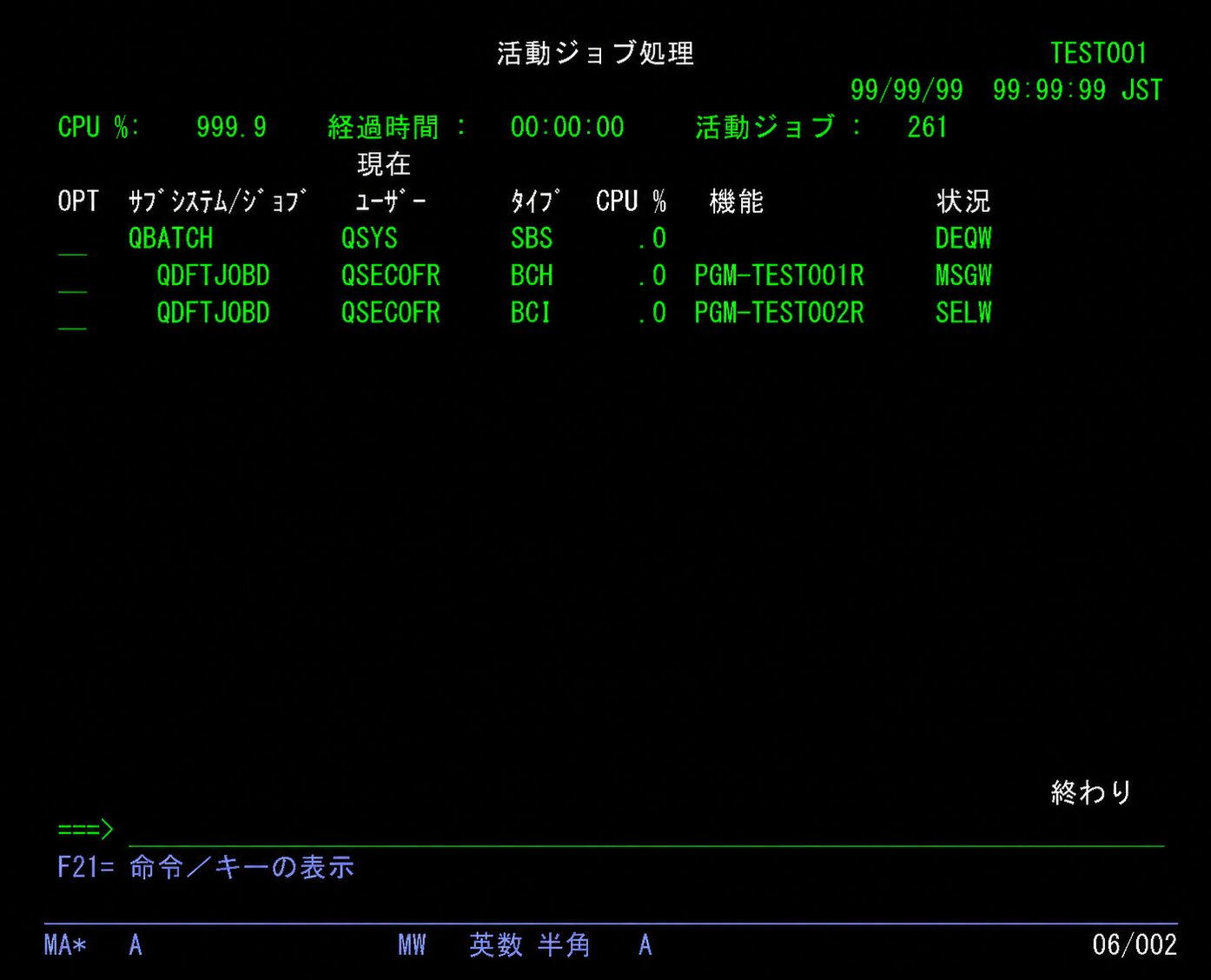 AS400のWRKACTJOB画面でMSGW状態のジョブが表示されている例。PGM-TEST001Rがメッセージ待ちになっている